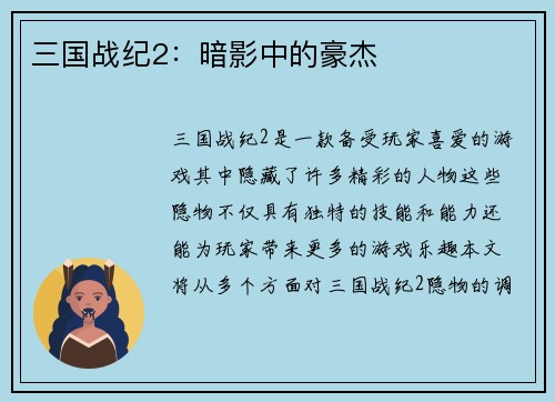 三国战纪2：暗影中的豪杰